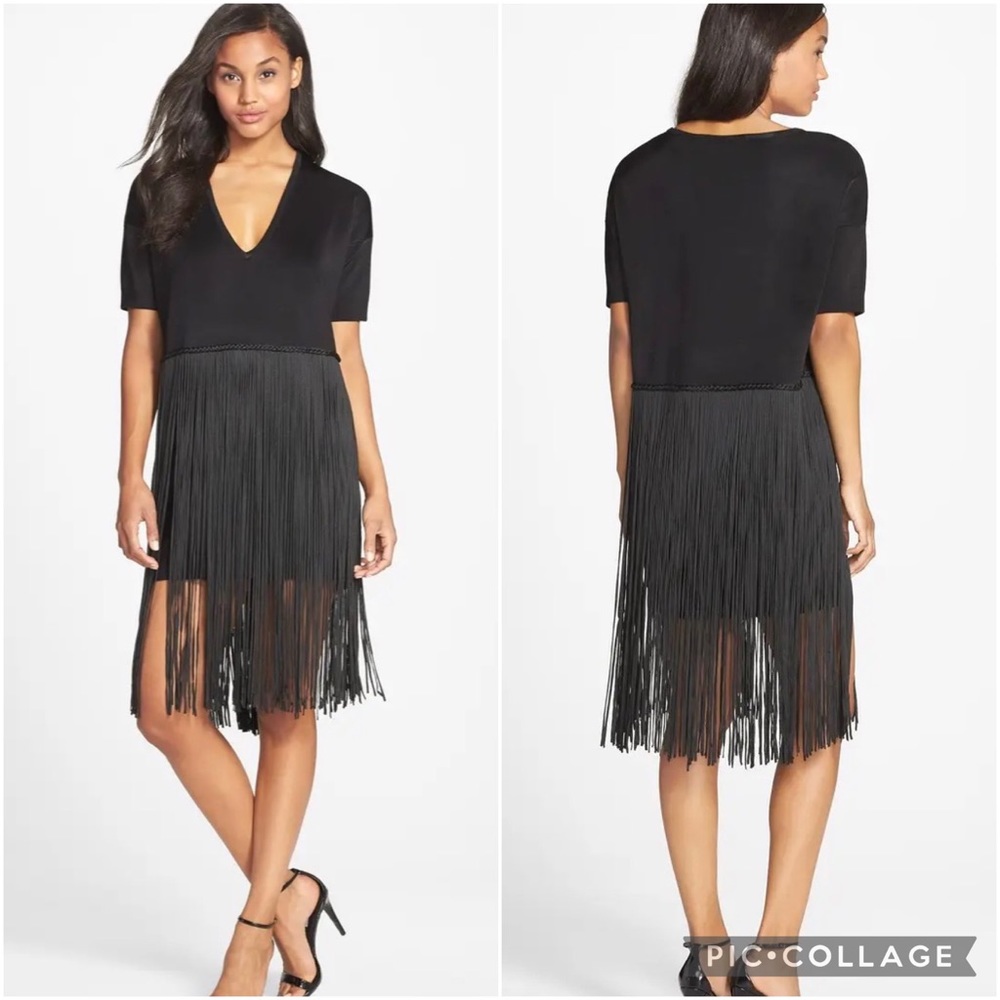 French Connection Black Fringe V-Neck Swing Dress